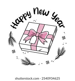 Christmas gift. Winter holiday label. Inscription - Happy New Year. Vector greeting card template in doodle style.