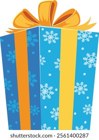 Christmas gift wrapped in blue and orange wrapping paper decorated with snowflakes and an orange bow, creating a festive and cheerful atmosphere perfect for celebrating the holiday season