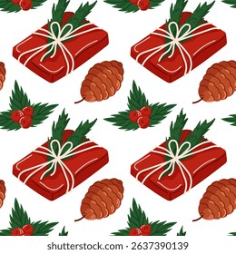 Christmas gift wrapped seamless pattern with pine cone and holly leaves in cartoon style. Design for holiday packaging, seasonal wallpaper and festive design.