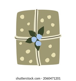 Christmas gift wrapping. The box is packed in polka dot craft paper, wrapped with ribbon and decorated with blue berries and leaves. Modern design, single element. Vector illustration cartoon flat 