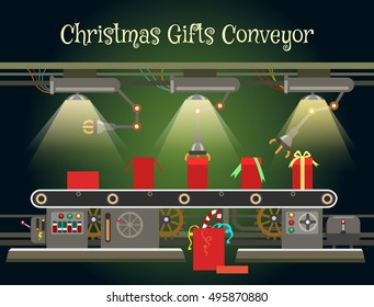 Christmas gift wrapping machine conveyor. Christmas industrial factory machinery vector illustration