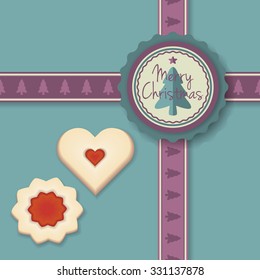 Christmas gift wrapping with Merry Christmas greetings and traditional Austrian Linzer cookies, vector illustration