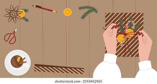 Christmas gift wrapping on table with copy space for text. Top view vector background for holiday promotions, festive cards, and seasonal advertisements