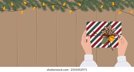 Christmas gift wrapping on table with copy space for text. Vector background for festive designs, holiday promotions, or seasonal greeting cards