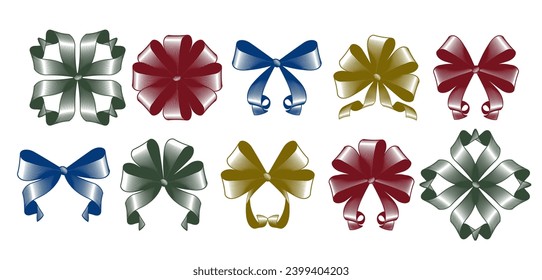 Christmas gift wrapping paper. Multi-colored decorative bows of different shapes. Antique engraving, stylized drawing. Vector illustration