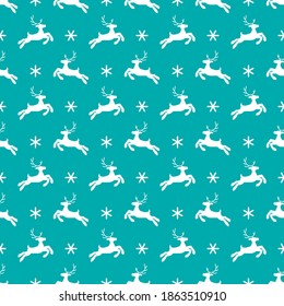 Christmas gift wrapping seamless pattern with running deers. Trendy tiffany background with snowflakes and reindeers. Can be used for textile, fabric print, wrapping paper, card design and more 