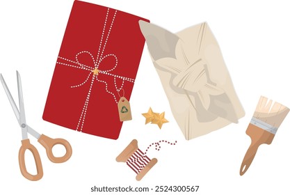 Christmas Gift Wrapping Supplies Flat Lay. A flat lay showcasing a variety of Christmas gift wrapping supplies, including a wrapped gift, twine, a paintbrush, scissors, and stars. Sustainable gift