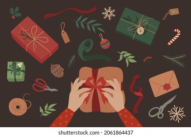 Christmas gift wrapping. Top view of hands, boxes, ribbons on the table. Creative New Year's workshop. Vector graphics.