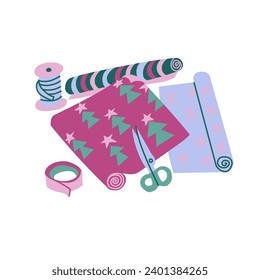 Christmas gift wrapping workplace. A colorful flat illustration of three decorative paper rolls, scissors, ribbon, and tape. Isolated on a white background