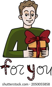 Regalo de Navidad para ti. Presentar caja con arco rojo. Caricatura sobre fondo blanco.  Concepto de vacaciones.
