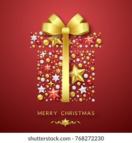 Christmas giftbox background with Shining bow, stars and colorful balls. Merry Christmas card illustration on red background