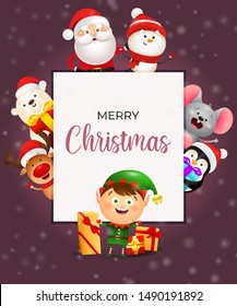 Christmas giftcard design. Festive banner in frame with smiling elf and other characters on mauve background. Lettering can be used for invitation, placard, flyer