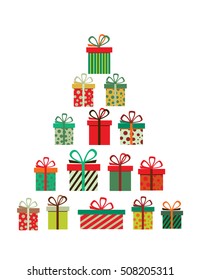Christmas gifts arranged as a seasonal tree