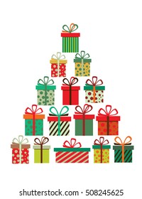 Christmas gifts arranged as a seasonal tree