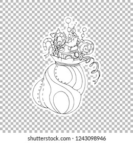 Christmas gifts bag vector linear illustration. Xmas, New Year presents hand drawn clipart. Black and white sticker on transparent background. Winter holidays coloring book isolated design element