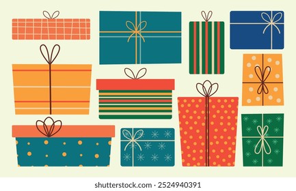 Conjunto grande de los regalos de Navidad. Cajas lindas en estilo retro. Ilustración vectorial para el diseño de vacaciones