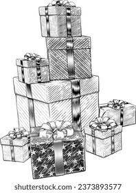 Christmas gifts or birthday presents in boxes in a pile or stack. Wrapped in wrapping paper with ribbon bows in a hand drawn vintage woodcut illustration etching style.