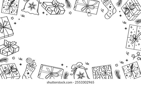 Christmas gifts border frame. New Year packaging. Box with bow, pine branch, Christmas sock, garland. Vector set of doodle elements. 