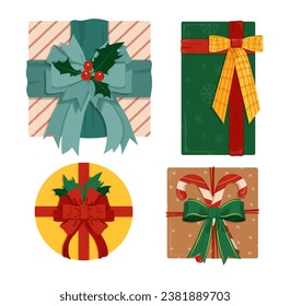 Christmas gifts with bows set. Presents and surprises in boxes in winter holidays and New Year. Party and event. Advertising and marketing. Cartoon flat vector collection isolated on white background