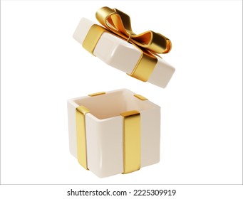 Christmas gifts box open 3d render. White box with gold glossy ribbon isolated on white background. Holiday decoration presents. Realistic icon for birthday or wedding banners.
