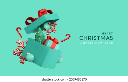Christmas gifts box realistic 3d design. Xmas composition falling open blue gift boxes with festive decorative objects, Pine Tree, balls bauble. Happy new year holiday background. Vector illustration