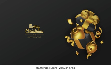 Christmas gifts box realistic 3d design. Xmas composition falling open pink gift boxes with festive decorative objects, balls bauble. Happy new year holiday background. Vector illustration