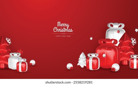 Christmas gifts box realistic 3d design. Xmas composition falling open pink gift boxes with festive decorative objects, balls bauble. Happy new year holiday background. Vector illustration