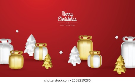 Christmas gifts box realistic 3d design. Xmas composition falling open pink gift boxes with festive decorative objects, balls bauble. Happy new year holiday background. Vector illustration