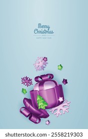 Christmas gifts box realistic 3d design. Xmas composition falling open pink gift boxes with festive decorative objects, balls bauble. Happy new year holiday background. Vector illustration