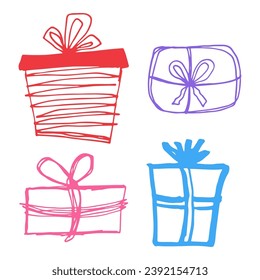 Christmas gifts box scribbles clipart. Hand drawn winter doodles line art. Outline vector illustration.
