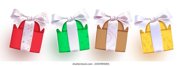 Christmas gifts box vector set design. Gift box collection with elegant ribbon and lasso for Christmas and new year party celebration elements. Vector illustration gifts boxes collection.  
