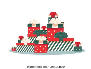 A lot of Christmas gifts in boxes with bows on a white background. Vector illustration in cartoon style for decorating a flyer, postcard or poster. Merry christmas and new year.