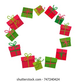 Christmas gifts boxes round frame with empty space for text, Circle of colorful  present boxes with red and green bow knots  in a ribbon. Cartoon vector illustration isolated on white background. 