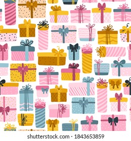 Christmas gifts boxes seamless pattern. Vector illustration in a childish hand-drawn Scandinavian style. The pastel palette is ideal for printing packaging, fabrics, textiles