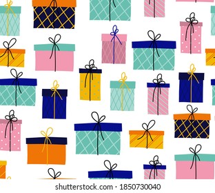 Las cajas de regalos de Navidad son un patrón impecable. Ilustración vectorial en un estilo escandinavo infantil dibujado a mano. La paleta pastel es ideal para imprimir envases, tejidos, textiles