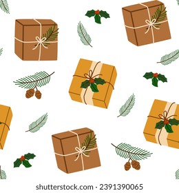 Christmas gifts boxes seamless pattern. Holiday Present decorated with berry branch, tag, wrapped in eco recycled craft. Vector design for winter sale background, wrapping paper, cards, textile