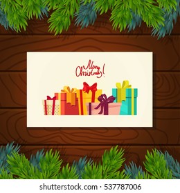 Christmas gifts boxes vector illustration. Xmas postcard background