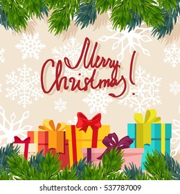 Christmas gifts boxes vector illustration. Xmas postcard background
