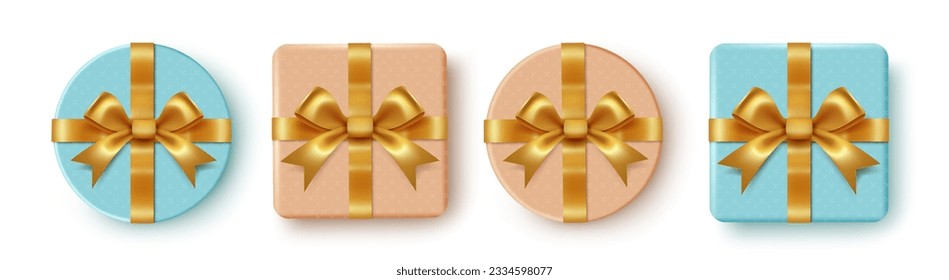 Christmas gifts boxes vector set design. Gift box christmas elements with gold ribbon and lasso elegant decoration. Vector illustration surprise gifts collection.