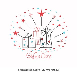 Christmas gifts. Boxing Day. Banner, postcard. Confetti, New Year's decor. Gift boxes. Illustration in doodle style. Vector graphics, background isolated.