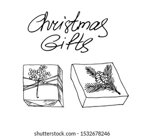 Christmas gifts with branches in line art style.