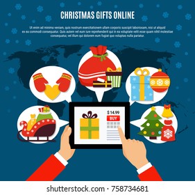 Christmas gifts buying online composition with mobile device in hands, presents, decorations on blue background vector illustration