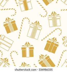 Christmas gifts and candy cane seamless pattern.  New Year concept. Vector Illustration