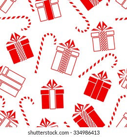 Christmas gifts and candy cane seamless pattern.  New Year concept. Vector Illustration