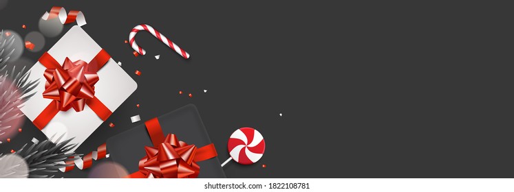 Christmas gifts celebration flat lay 3d realistic illustration banner with copy space vector