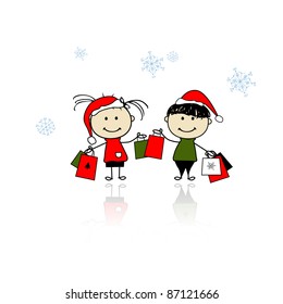 Christmas gifts. Children with shopping bags