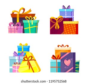 Christmas gifts collection. New year 2019 greetings colored packages with ribbons and bow cartoon vector pictures isolated