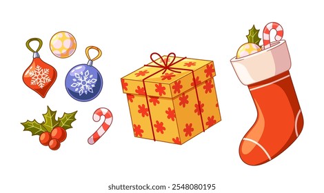 Christmas gifts collection with present box, festive stockings filled sweets and traditional baubles