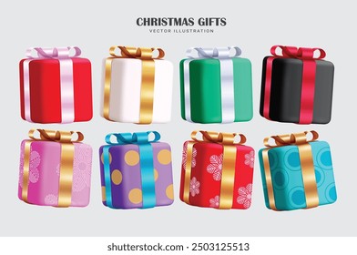 Regalos de Navidad colorido diseño de conjunto de Vector. Cajas de regalo en envoltura colorida, impresa y de patrón con cinta brillante para la colección de regalo sorpresa. Conjunto de Elementos de regalos de Navidad de Ilustración vectorial.  
