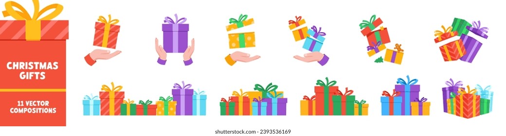 Christmas gifts. Christmas gifts composition set. Hands holding gift box.